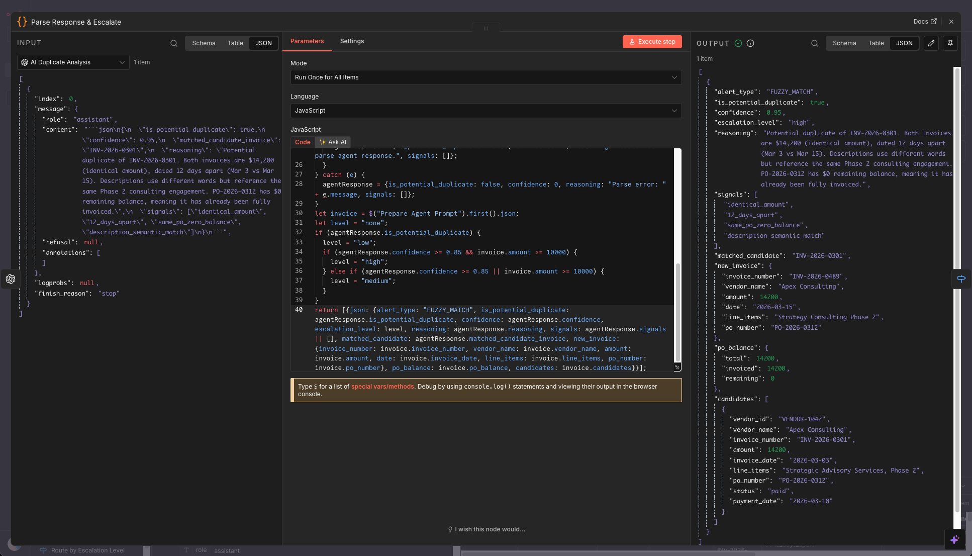 AI agent node analyzing invoice descriptions and returning confidence score with reasoning