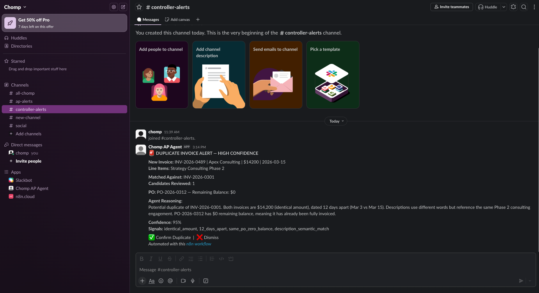 Slack notification showing both invoices side by side with AI reasoning and action buttons
