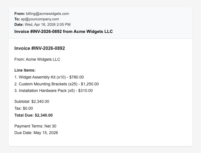 Acme Widgets email invoice: plain-text invoice in the email body, $2,340 total, Net 30