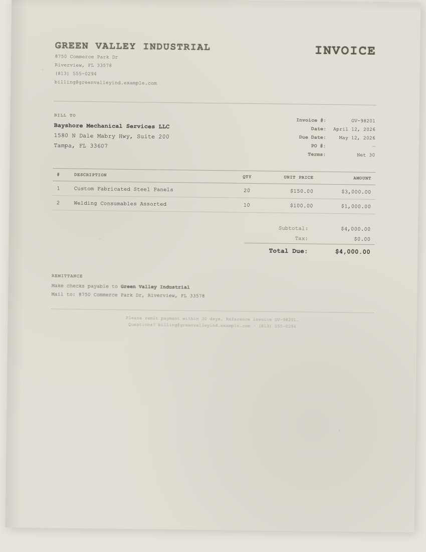 Damaged scan from Green Valley Industrial: degraded quality, faded text, scan artifacts