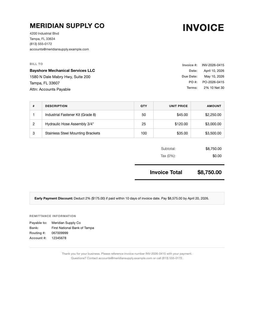 Actual Meridian Supply Co. invoice: INV-2026-0415, three line items totaling $8,750
